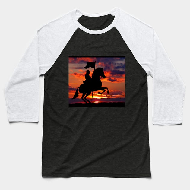 Knight riding on horse at night during sunset Baseball T-Shirt by Blue Butterfly Designs 